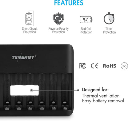 Tenergy TN477U 8-Bay Fast Charger for AA/AAA Ni-MH/NICD Rechargeable Batteries with Micro USB and USB C Inputs