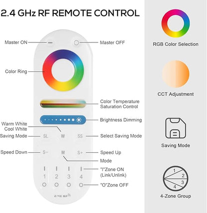 XXK LM091+WB5 WiFi Remote Controller Kit for RGB CCT RGBW Dimming LED Strip Lights, 4-Zone RF Wireless Control + DC12-24V 5-in-1 LED Controller Compatible with Alexa Google Home Smart Life Tuya APP