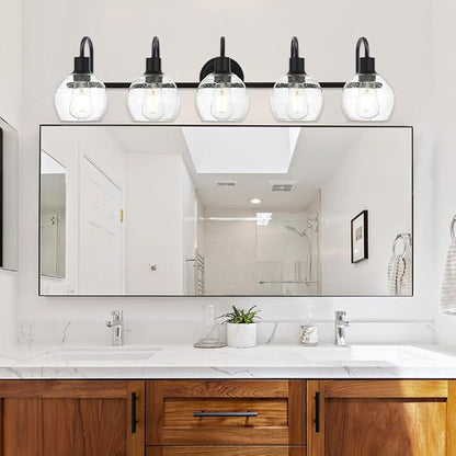 WINSHEN 5-Lights Black Bathroom Vanity Light Fixtures Over Mirror, Modern Vanity Wall Sconce Lighting with Globe Seeded Glass Lampshades for Bedroom Kitchen Hallway