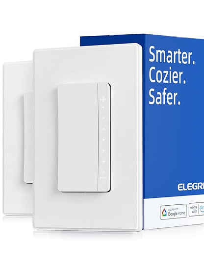 ELEGRP Smart Dimmer Light Switch DPR30, 2.4GHz Wi-Fi Dimmer Switch Compatible with Alexa and Google Assistant, Single Pole/3 Way, Needs Neutral Wire, No Hub Required, UL&FCC Listed, White, 2 Pack