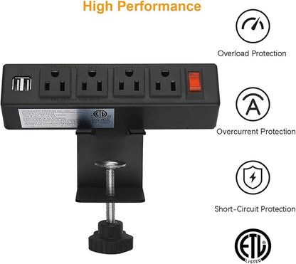 HHSOET Desk Clamp Power Strip, Desktop Power Outlet Clamp Mount with 2 USB Ports, 4 AC Outlets, Mountable Desk Outlet Removable Power Plugs with 6ft Cord.(4AC2USB-Black)