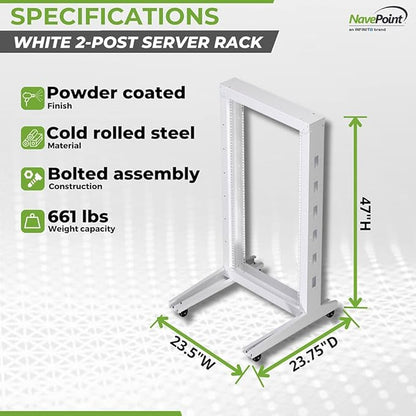 NavePoint 22U 2 Post Rack Open Frame Server Rack for 19 Inch Equipment, AV, Networking, Data & IT Devices, 2-Post Rack 22U with Wheels, 661lbs Weight Capacity, White