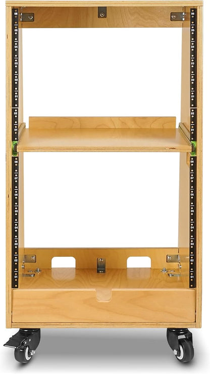 Sound Town DIY Slanted 16U Studio Rack (8U Top + 8U Lower), with 2U Bottom Storage, Slide-Out Tray, Caster, Plywood, Golden Oak For Recording Room, Home Studio (SDRK-ST16T)