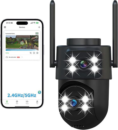 dzcctvipc 2K Dual-Lens WiFi Home Security Camera, Indoor/Outdoor Use, 360° Motion Tracking, Color Night Vision, IP65 Weatherproof, Two-Way Talk, Smart Camera, Works with Alexa & Google (No SD Card)