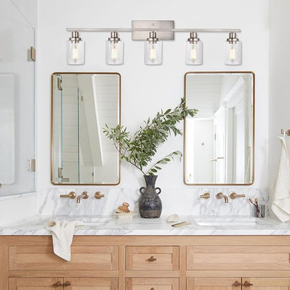 WINSHEN 40-Inches Length Bathroom Vanity Lighting Fixtures Over Mirror in Brushed Nickel, 5-Lights Industrial Sconce Wall Lamp with Seeded Glass Shades