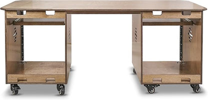 Sound Town DIY Music Studio Rack Desk Workstation with 2 X 13U Side Cabinets, Two Slide-Out Trays, Casters, Plywood, Weathered Brown for Recording Room, Home Studio (SDRK-WS69)