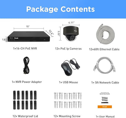 PANOOB 16 Channel Security Camera System 4K PoE, 12x 8MP IK10 Vandal Proof Dome Camera with AI Human Vehicle Detection, Built-in Mic, Remote Access 24-7 Recording, 4K 16CH NVR 4TB HDD, PD54B1216-8M