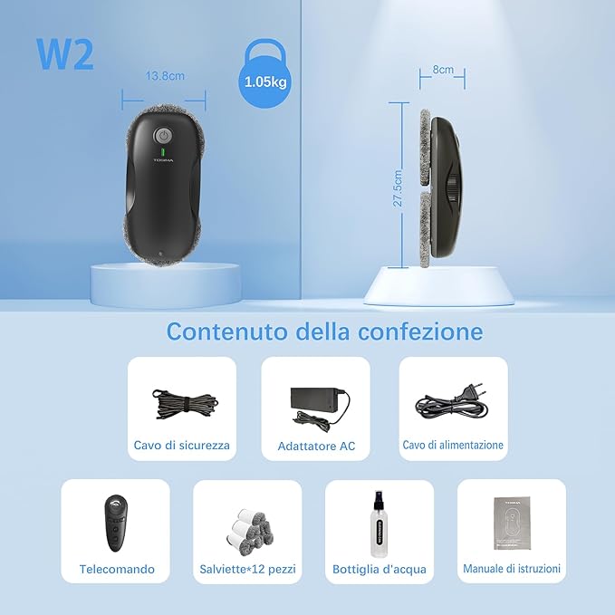 Tosima Window Cleaning Robot W2, Automatic Cleaning with Intelligent Path Planning, 3800Pa Suction Power, Edge Detection Technology, Remote Control