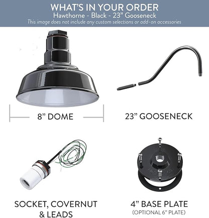 Steel Lighting Co. Hawthorne Barn Light | Outdoor Wall Mounted | 8 inch Dome | 23 inch Gooseneck| Small Farmhouse Light Made in America | Black Exterior/White Interior