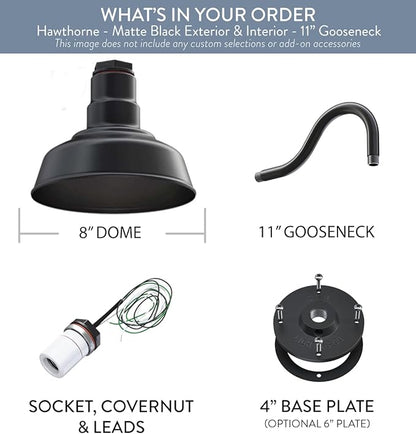 Steel Lighting Co. Hawthorne Barn Light | Outdoor Wall Mounted | 8 inch Dome | 11 inch Gooseneck| Small Farmhouse Light Made in America | Matte Black Exterior/Matte Black Interior