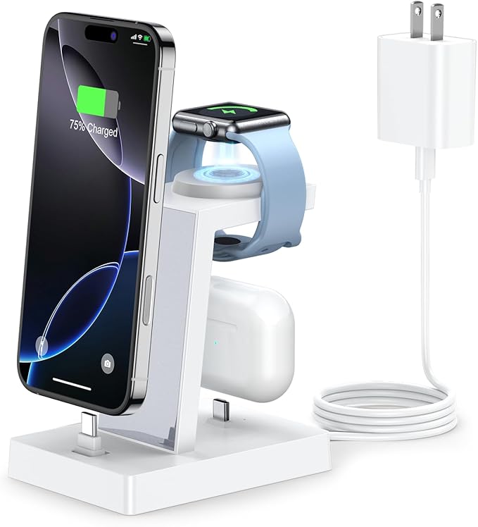 30W Fast Charging Station for Apple Devices - ADADPU 3 in 1 USB C Charger Stand for iPhone 16 15 Pro Max Plus & AirPods 4, Wireless Charger Dock Compatible with Apple Watch Ultra/10/9/8/7/6/5/4/3/2/SE