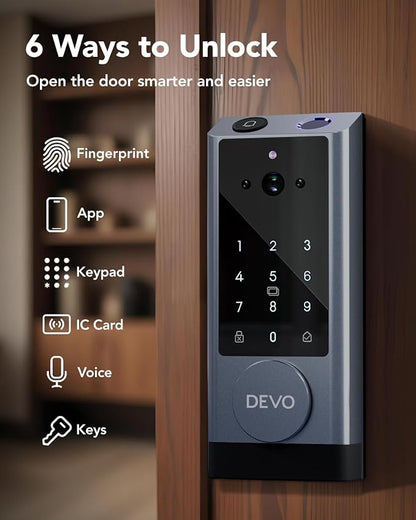 Devo G1 Video Smart Lock with Camera&Doorbell, 6-in-1 Keyless Entry Door Lock Deadbolt with Handle Set, App Remote, Fingerprint ID, Auto Locks, Built-in Wi-Fi Smart Deadbolt for Front Door