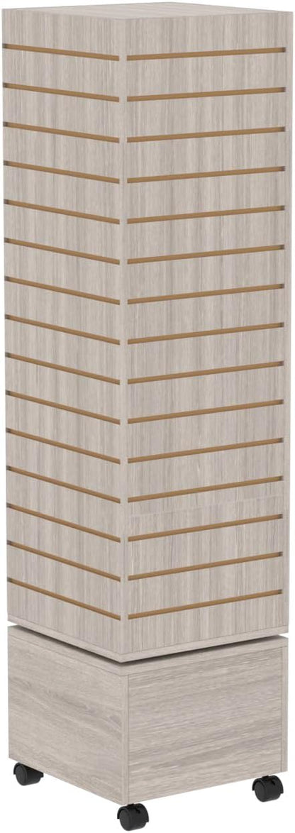 16" W * 16" D * 62" H - Slatwall Tower, Four Panel Slatwall Retail Fixture, Rotating Retail Display Rack (Gray Wood Grain)