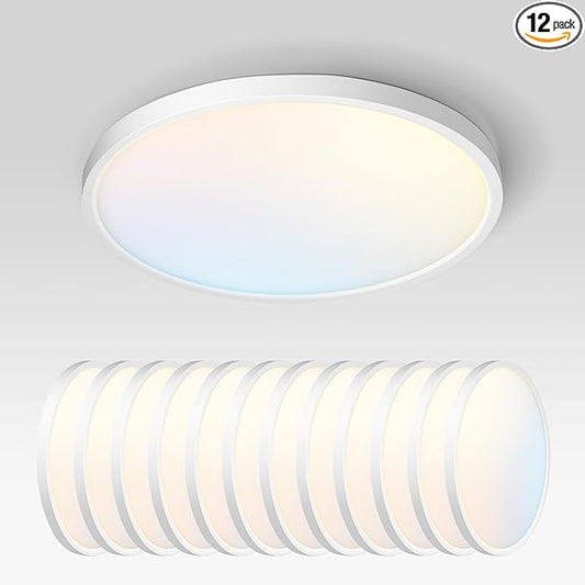 ASD LED 12" Round Flush Mount Ceiling Light Fixture, Low Profile Surface Lighting | 5CCT, Dimmable, Ultra-Thin, ETL Listed | 24W 1900LM 2700-6000K 120V | Kitchen, Hallway Lamp | White, 12 Pack