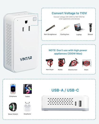 220V to 110V Converter for European Travel, VINTAR 200W Mini Universal Travel Adapter Voltage Converter US to Europe, International Step Down Power Converter Adapter Combo for EU UK AUS India