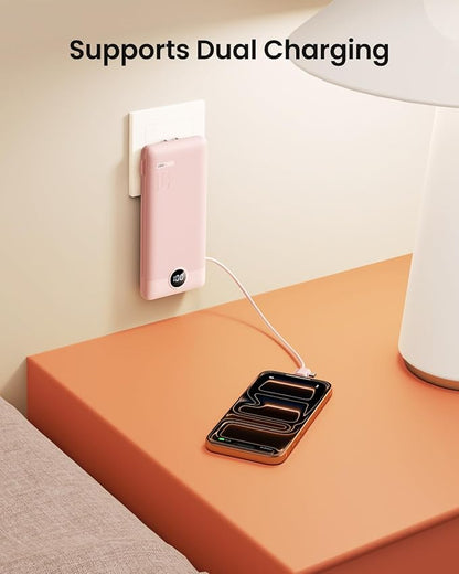Coowisty Portable Charger Built-in Cables and Wall Plug, 10000mAh Slim USB C Power Bank, LED Display External Battery Pack Compatible with iPhone/Android & More (Pink)
