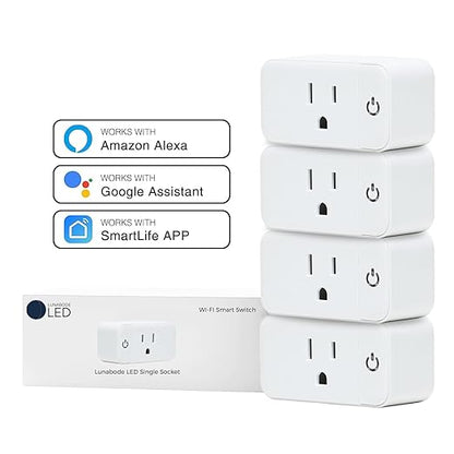 Lunabode LED 4 Pack Smart Home Wi-Fi Plugs - Alexa & Google Home Compatible, White, Toggle Switch, Automatic Operation
