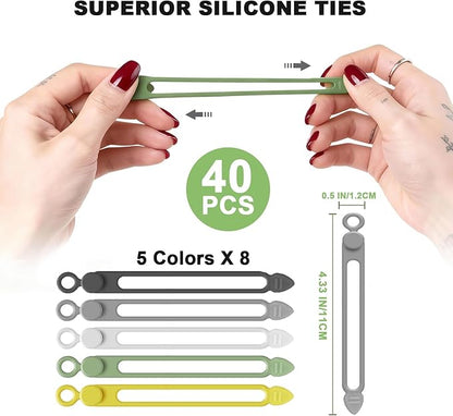 AUFORPET 40Pcs Silicone Cable Ties with Box, Reusable Cord Organizer Rope, Elastic Cord Ties for Electronics, Essentials Straps Wires for Fastening Home Office Kitchen Travel Appliances