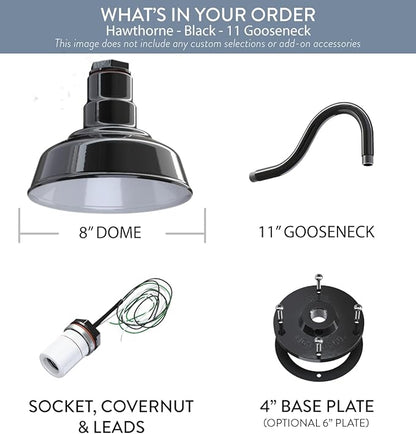 Steel Lighting Co. Hawthorne Barn Light | Outdoor Wall Mounted | 8 inch Dome | 11 inch Gooseneck| Small Farmhouse Light Made in America | Black Exterior/White Interior