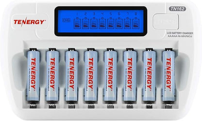 Tenergy Rechargeable Battery and Charger Combo TN162 - 8-Bay Smart AA/AAA NiMH/NiCd Charger + 8 pcs AAA NiMH Rechargeable Batteries