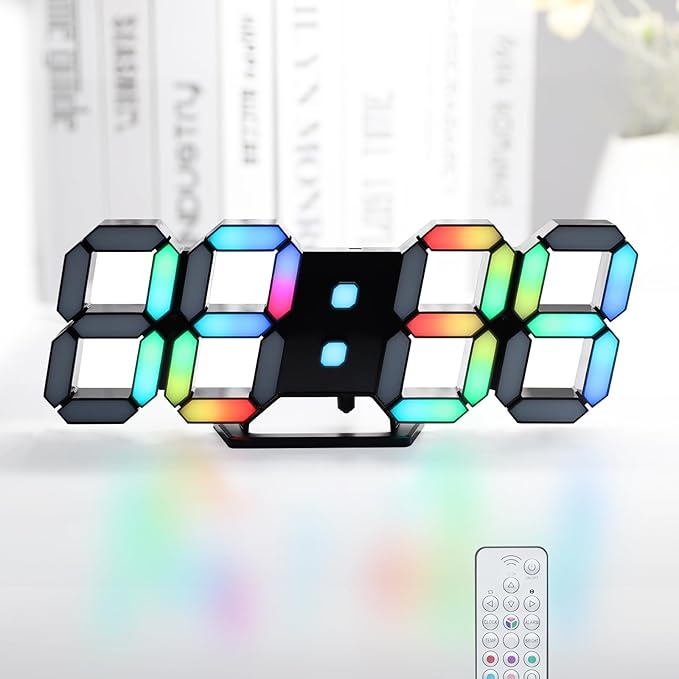 KOSUMOSU LED Digital Clock Neon Clock 9.7" Black Gaming Clock RGB LED Wall Clock for Living Room Desk Clock Large Display Clock for Bedroom, Black Clock with Dimming