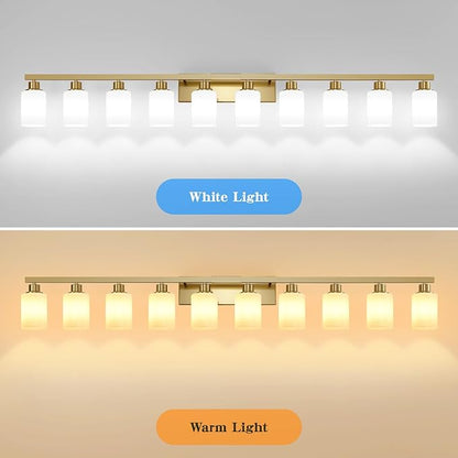 DIKAIDA Gold Bathroom Vanity Light,10-Light Brushed Gold Bathroom Light Fixtures with White Frosted Glass,64.5in Wall Lamp Sconces for Mirror Bedroom,Living Room Hallway,E26