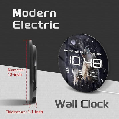 Timethink 12'' Full Moon Howling Wolves Digital Wall Clock Large Display, Forest Wildlife Wolf Decor Electric Wall Clock Auto-Brightness, Temperature, 12/24hr, Date, USB Powered for Man Cave Bedroom
