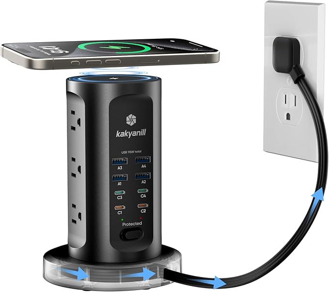 Kakyanill 115W USB Charging Station, Surge Protector Power Strip Tower, 9 AC Outlets with 8 USB Ports(4 USB-C), 6Ft Flat Plug Retractable Extension Cord, for Home Office Dorm, Black