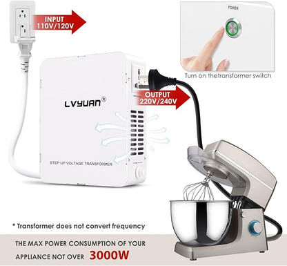 LVYUAN 3000W Watt Voltage Transformer Converter Step Up/Down Converter 110/120 Volt - 220/240 Volt with Circuit Breaker Protection for Euro China Korea Appliances[3 Year Warranty]