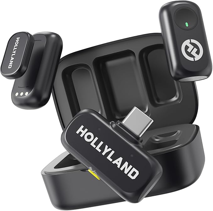 Hollyland LARK A1 Wireless Microphone for iPhone 15/16 & Android, 48kHz/24-bit, 3-Level Intelligent Noise Cancel, Mini Microphone for YouTube, Podcast, Vlogging (Black, 2TX + USB-C RX + Charging Case)
