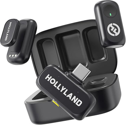 Hollyland LARK A1 Wireless Microphone for iPhone 15/16 & Android, 48kHz/24-bit, 3-Level Intelligent Noise Cancel, Mini Microphone for YouTube, Podcast, Vlogging (Black, 2TX + USB-C RX + Charging Case)