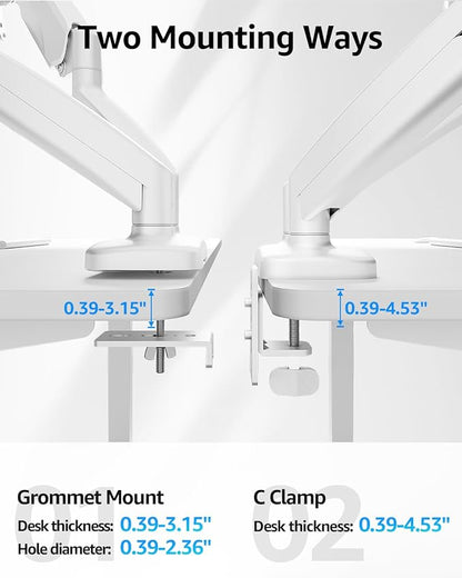 MOUNTUP Dual Monitor Stand for Desk, Monitor Arms for 2 Monitors Max 32 Inches, Height Adjustable Double Monitor Mount, VESA Mount with C-Clamp & Grommet Base, Holds 4.4-17.6lbs, White