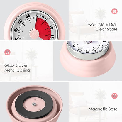Visual Timer, Teeloray 60-Minute Countdown Timer, Kitchen Timer with Magnetic Base, Mechanical Clockwork, Ringer Alert, Time Management Tool for Children and Adults, Study/Work/Cooking (Pink)