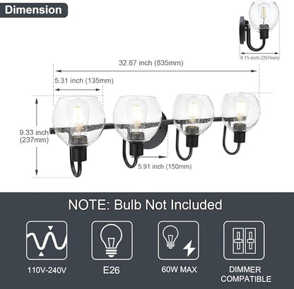 WINSHEN 4-Lights Contemporary Bathroom Light Fixtures Over Mirror with Seeded Globe Glass Shades, Black Rustic Vanity Wall Lighting for Bedroom Dressing Cabinet