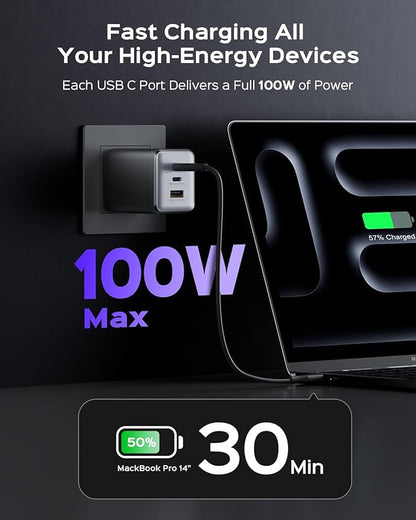 wegear 100W USB C Charger Block, 3-Port Compact Foldable Power Adapter USB Wall Charger for MacBook Pro/Air, Dell XPS, iPad Pro, iPhone Series, Galaxy S25/S24, and More (Black)