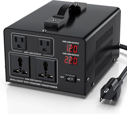 2000W Voltage Converter Transformer Step Up 110V/120V to220V/240V or Step Down 220V to 110V AC Power Converte, Circuit Breaker Protection, 2 US sockets, 2 Universal sockets, LCD Display