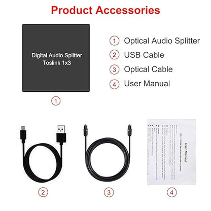 3 Port Toslink Splitter with Optical Cable (1 In 3 Out) Premium Quality Digital Optical Audio Splitter Aluminum Alloy SPDIF Toslink Fiber Audio Splitter Support Dolby Digital DTS 5.1 PCM Stereo LPCM