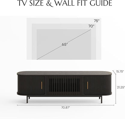 POVISON Fully-Assembled Mid Century Modern TV Stand for 65 inch TV, Sliding Door Entertainment Center with Storage, Wood TV Console, Media Console for Living Room Bedroom(Black, 70.87")