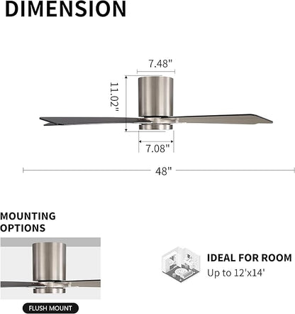 WINGBO 48" DC Flush Mount Ceiling Fan with Lights, 6-Speed Reversible DC Motor, 3CCT, Low Profile Hugger Ceiling Fan for Living Room Bedroom Kitchen, Nickel Finish and Black/Gray Blades