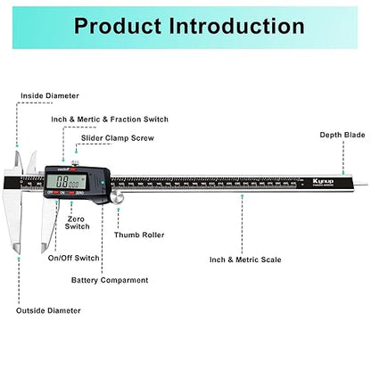 Kynup Micrometer Caliper Tool, 12Inch Digital Caliper, Vernier Caliper with Stainless Steel, Large LCD Screen, Auto - Off Feature, Inch Metric Fraction Conversion