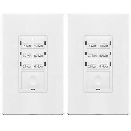 ENERLITES 4-Hour No Neutral Wire Countdown Timer Switch, 5-10-30-60 Min, 2-4 Hour, for Bathroom Fans, Heaters, Lights, LED Indicator, 120VAC 800W, UL Listed, HET06-J-W-2PCS, White, 2 Pack