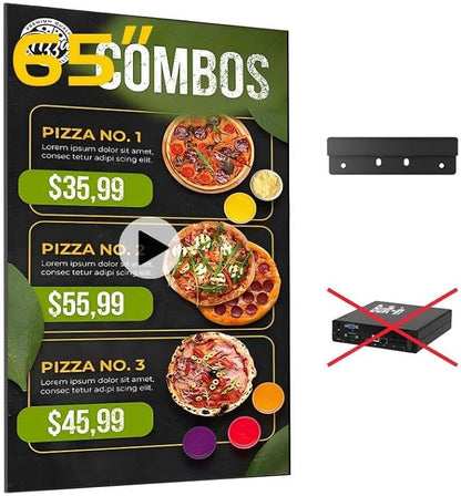 Canlarriz Digital Signage Display 65 inch Wall Mount Digital Menu Board for Restaurants and Stores Advertising Screen 700 nits Ultra-High Brightness 4K UHD Free Web Content Editor Android 4GB + 32GB