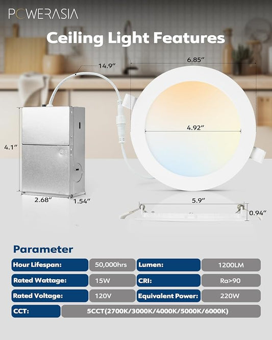 POWERASIA 12 Pack 6 Inch Ultra-Thin LED Recessed Ceiling Light with Junction Box, 5CCT Dimmable 2700K/3000K/4000K/5000K/6000K,15W 1200lm Can Killer Downlight-ETL and Energy Star Certified