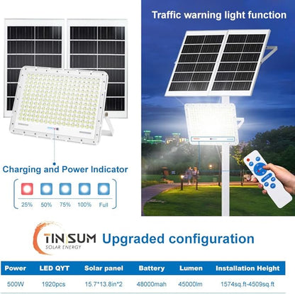 TINSUM 500W Solar Led Flood Lights Outdoor, 28000 Lumens Solar Security Street Lights Dusk to Dawn 1920LED with Remote White Led for Parking Lot,Stadium,Yard,Swimming Pool, Pathway,Flag Pole,Driveway