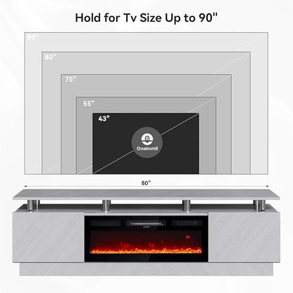 oneinmil Fireplace TV Stand with 36” Electric Fireplace, 80” 2 Tier TV Console Stand for TVs Up to 90", LED Light Entertainment Center, Fireplace for The Living Room TV Stand, Gray