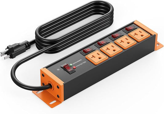 CCCEI Heavy Duty Surge Protector Power Strip 20 Amp Individual Switches. 4FT 12 Gauge Extension Cord with Multiple Outlets. Kitchen, Garage, Shop, Industrial Wall Mount Electric Extender, Orange.