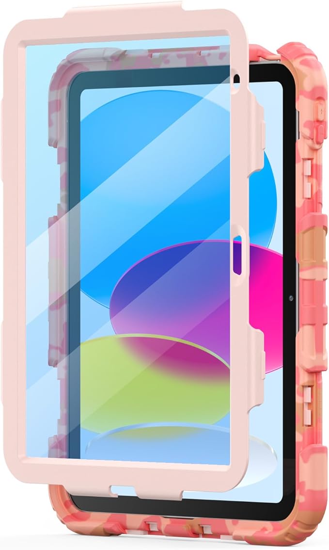 SCSVPN Kids Case for iPad (A16) 11th/10th Generation 11/10.9 inch 2025/2022, Shockproof Rugged Cute Rainbow Cover for iPad 11/10 with Pencil Holder, 360 Rotating Stand, Hand/Shoulder Strap, Camo Pink
