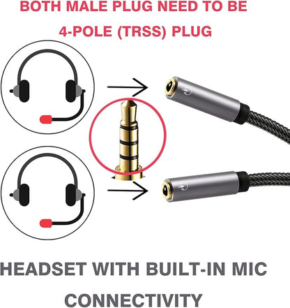 DUKABEL Long Headphone Splitter (4ft / 1.2m) Shielded 4-Pole TRRS 3.5 Y Splitter Cable 2-Way Female to Male Headphone Adapter Stereo Audio/Crystal-Nylon Braided / 24K Gold Plated / 99.99% 4N OFC