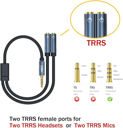 MillSO Headset Splitter for 2 TRRS Headphones or Mics 3 Feet 3.5mm Jack Adapter TRRS 4-Pole Splitter Male to Dual Female Adapter Compatible for 2 Headsets, Microphones to Mobile Phone, Laptop