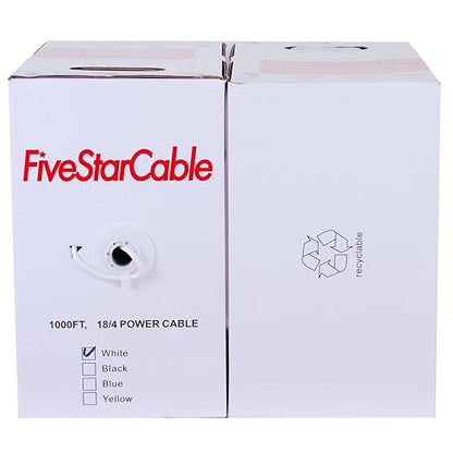 FiveStarCable 18/4 Gauge Low Voltage 4 Conductors Stranded Cable Wire - 1000 ft, 18 AWG, PVC Jacket - for Security Systems, Alarm, Audio, Control, Intercom, and Speaker Applications (White, 18-4)
